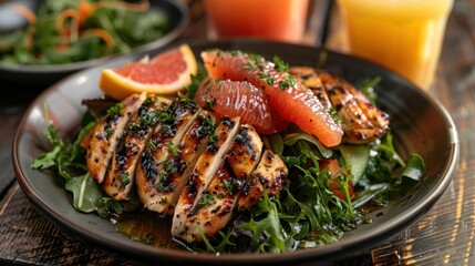 Grilled chicken salad with citrus and greens, served on a wooden table.