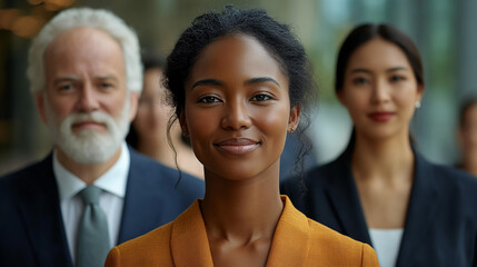 Confident woman in business attire presenting to colleagues. Suitable for professional presentations, diversity in the workplace, and leadership concepts. Generated AI