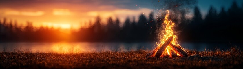 Fototapeta premium A serene sunset over a lake with a glowing campfire in the foreground, surrounded by silhouettes of trees.