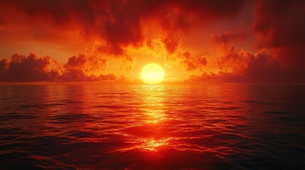 Fiery orange sunset over calm ocean with volcanic smoke rising from distant island Generative AI