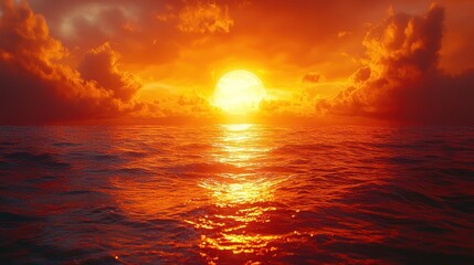 Obraz premium Fiery orange sunset over calm ocean with volcanic smoke rising from distant island Generative AI