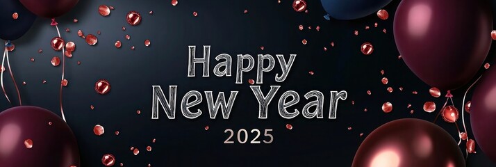 Obraz premium Elegant New Year banner with deep burgundy and navy blue balloons, tiny copper confetti, 
