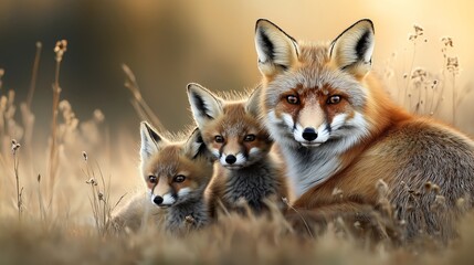 Fototapeta premium Close-up of a red fox family sitting in a natural habitat with two cubs beside an adult fox in a grassy field during a warm-colored sunset.