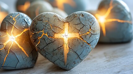 Fototapeta premium A poignant image of cracked hearts, each radiantly illuminated by a glowing cross, symbolizing hope and healing in the midst of brokenness.