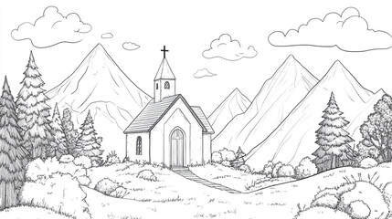 Minimalist Line Art of a Mountain Chapel and Forest