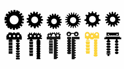 Collection of Mechanical Gear Illustrations, Diverse Cogs and Components in Black and Yellow