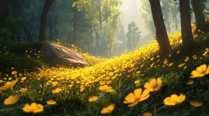 Yellow wildflowers sunny meadow. Generative AI