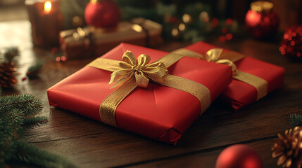 Two red gift boxes with gold ribbon on wooden surface near pine tree, perfect for holiday and Christmasthemed designs. Generated AI