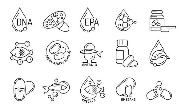 A set of black Omega-3 fatty acid icons.