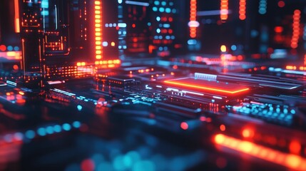 Obraz premium Abstract Cyberpunk Circuit Board: Neon Glow in Digital Cityscape
