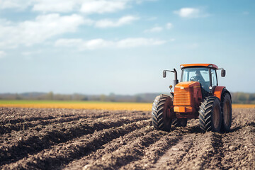 Obraz premium Powerful Tractor Cultivating a Lush Farmland: A Vibrant Scene of Agriculture and Nature