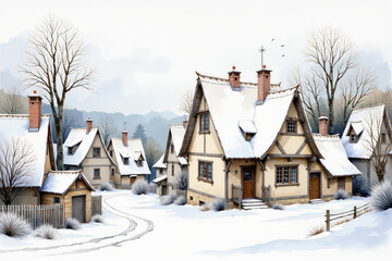 Quaint european village covered in fresh snowfall