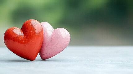 Fototapeta premium Two hearts intertwined, one vivid red and the other bright pink, symbolizing love and happiness on Valentine's Day.