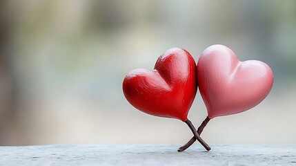 Fototapeta premium Two hearts intertwined, one vivid red and the other bright pink, symbolizing love and happiness on Valentine's Day.