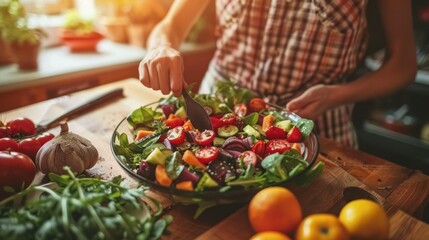 Fototapeta premium A person preparing a colorful salad with fresh vegetables in a cozy kitchen setting.