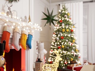 Christmas decorative beautiful background with decorative tree and gift box in the house