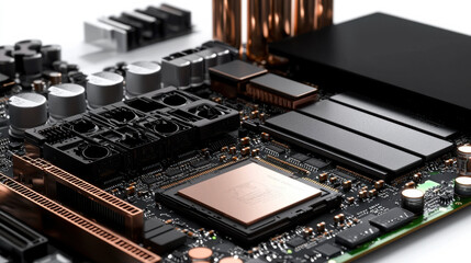 High tech motherboard with copper accents and various components