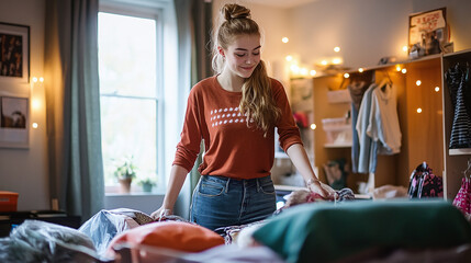 A cheerful young woman smiling while organizing her dorm room, surrounded by personal belongings, enjoying a cozy and warmly lit atmosphere.