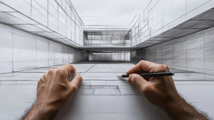 Architectural Sketch of a Modern Building Interior