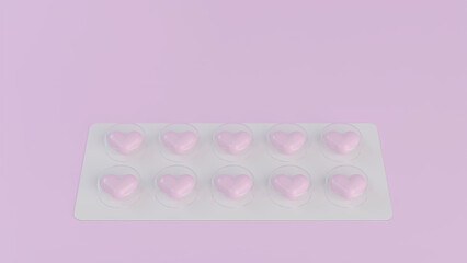 Heart-shaped pink pills on a pink background