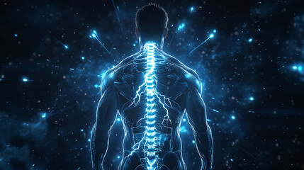 A glowing 3D-rendered human spine illuminated with internal lightning, representing the energy flow, neural connections, and strength of the human body.