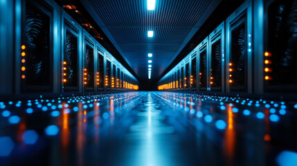Fototapeta premium Futuristic data center with glowing servers and blue lights