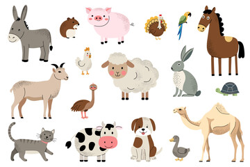 Fototapeta premium Cute farm animals set. Goat, pig, horse, cat, cow, ship. Flat set of home animals, pets.