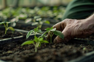 Gardening practices for nurturing plants and seeds in pots for a small nursery business. Eco-friendly techniques in a greenhouse for nurturing plant life