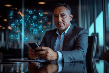 Businessman with phone, digital graphs floating in air, office s