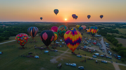 Naklejka premium Majestic hot air balloons floating in a vibrant sunrise sky, creating a serene and colorful view.