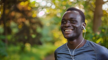 Portrait of a joyful runner wearing earphones while training in a park. Focus on the athletes smiling face and motivation through music for fitness and healthy living