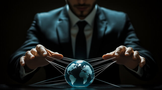 businessman as puppetmaster: cooperations using globe as marionette for own interests. man in suit controlling the earth with white puppet strings