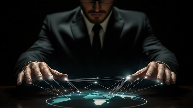 businessman as puppetmaster: cooperations using globe as marionette for own interests. man in suit controlling the earth with white puppet strings