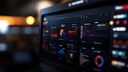 Fototapeta premium Data Visualization: Modern Business Analytics Dashboard Displaying Key Performance Indicators (KPIs) and Financial Metrics on a Sleek Computer Screen