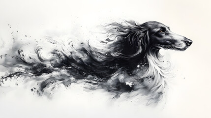 A stylized ink and wash painting of an Afghan Hound, showcasing its long, flowing hair with elegant, sweeping strokes and minimalist accents in the background.