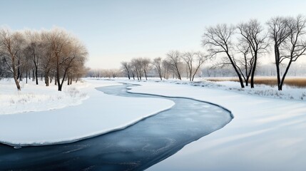Fototapeta premium Frozen river winding through a snow-covered landscape with leafless trees and clear sky in winter setting.