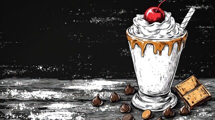 A delicious milkshake topped with whipped cream, a cherry, and surrounded by chocolate chips.