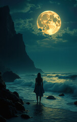 Fototapeta premium Woman walking on beach at night under full moon