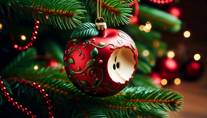 Weihnachtsbaumdekoration auf die lustige Art. Weihnachtsbaumkugel in Form eines angebissenen Apfel`s.