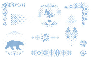 Knitted christmas design line collection with different corner, separator, main and frame elements