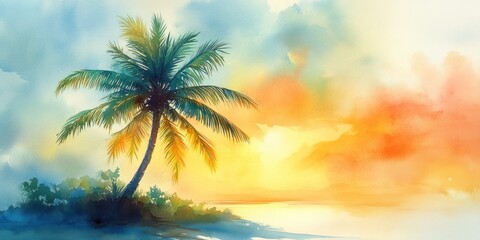 Obraz premium Watercolor Painting Of A Palm Tree At Sunset