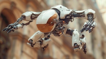 A futuristic robot in mid-air, showcasing advanced design and technology.