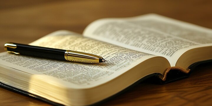 An open book being flipped through, accompanied by an open notebook and a pen with some writing on it
