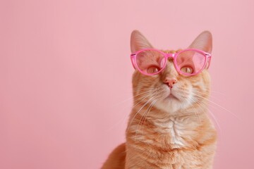 Fototapeta premium Cat in pink glasses on pastel minimalist background