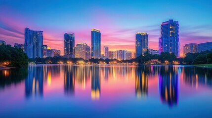Fototapeta premium City skyline at sunset reflecting on water, serene urban landscape, natural twilight colors,
