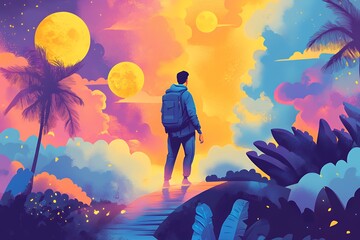 Fototapeta premium A vibrant, surreal landscape with a traveler gazing at colorful moons and lush vegetation.