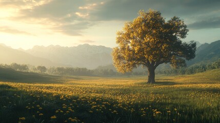 Solitary Tree Stands in a Yellow Flower Field Near Mountains