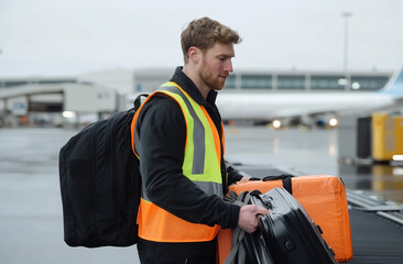 A baggage handler wearing a safety vest loading luggage onto the airplane conveyor system