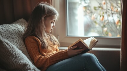 Obraz premium girl reading a book sitting on a couch by the window, soft daylight, cozy minimalist interior, side view,
