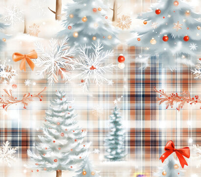Seamless Tumbler Wrap size 20 oz, 9.3x8.2" 300Dpi PNG, A festive winter-themed pattern featuring snow-covered trees, snowflakes, plaid designs, and decorative bows, creating a cozy holiday atmosphere.